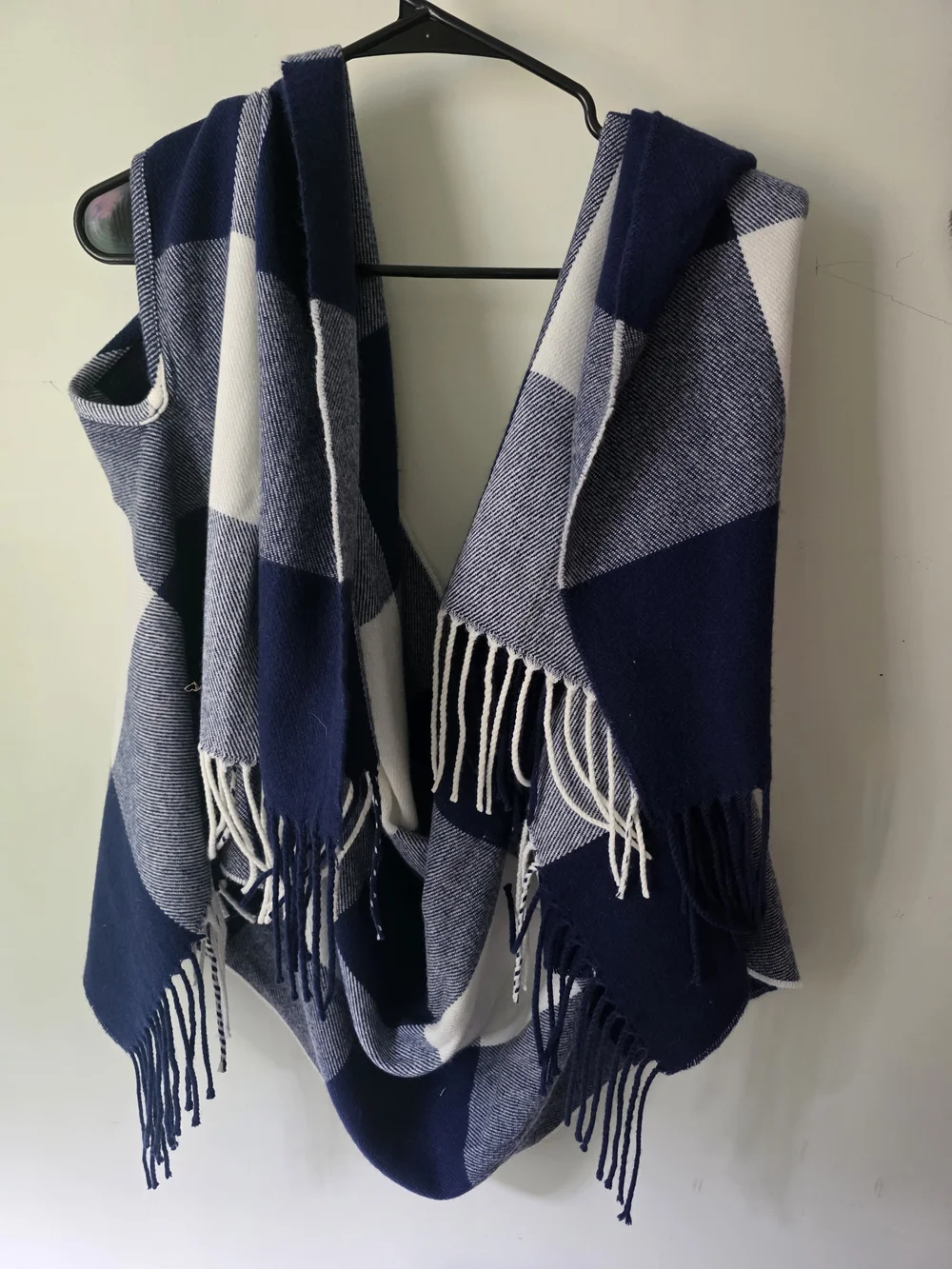 J.Crew Plaid Cape Scarf Poncho Wrap with Armholes Blue and White Buffalo Plaid